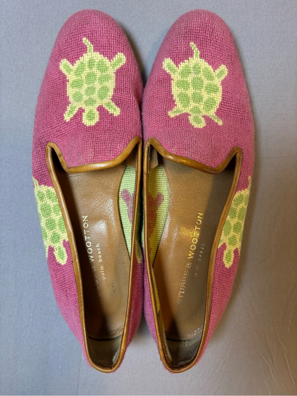 Stubbs & Wootton Pink Needlepoint Loafers with Green Turtle Motif